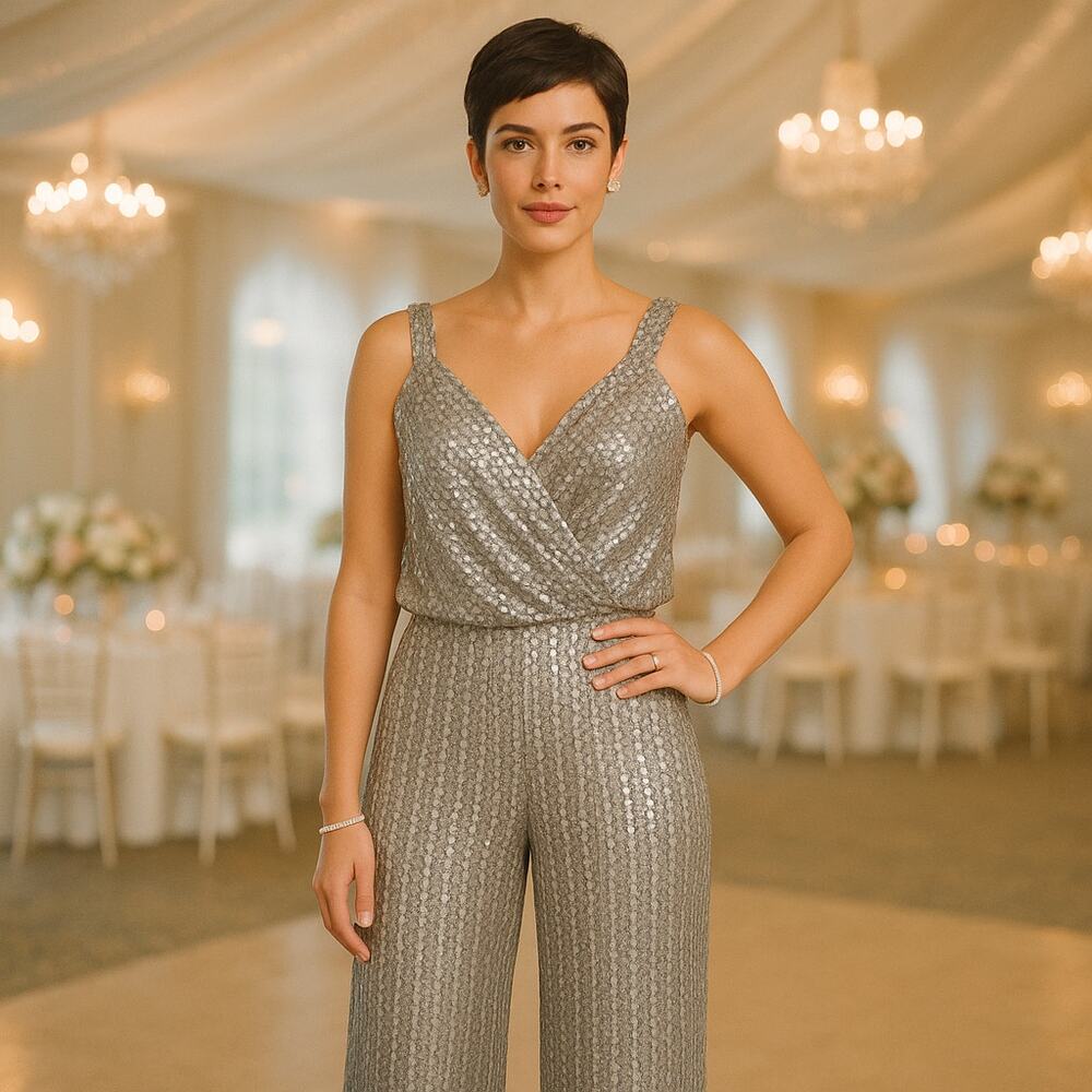Bagley Mischka Silver Sequin 2-Piece Pant Set Size 12 LG Silk Lined Evening Glam